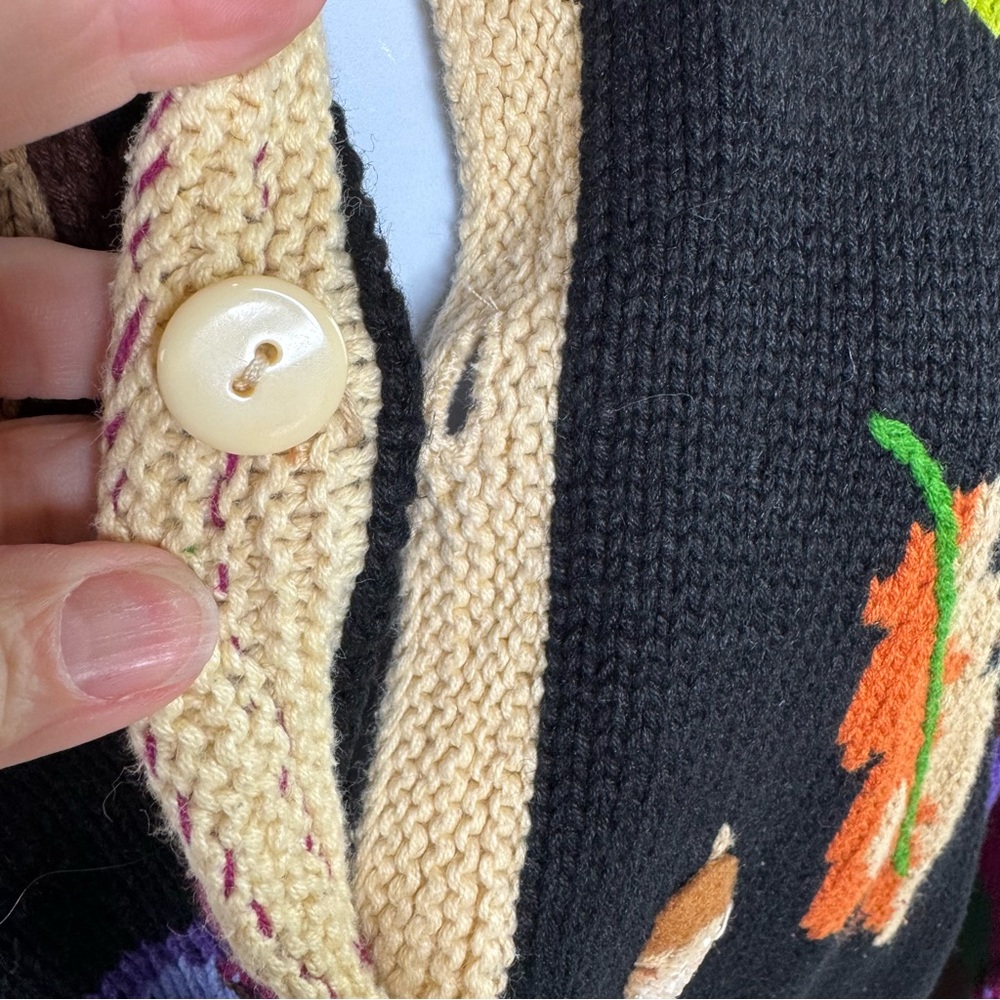 Storybook Knits Black Fall Cardigan with Vibrant Colors and Ornate Details Med - Picture 8 of 10